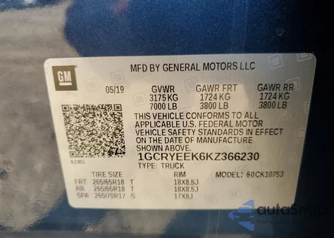 2019 Chevrolet Silverado K1500 Rst z USA, uszkodzony, nr VIN 1GCRYEEK6KZ366230